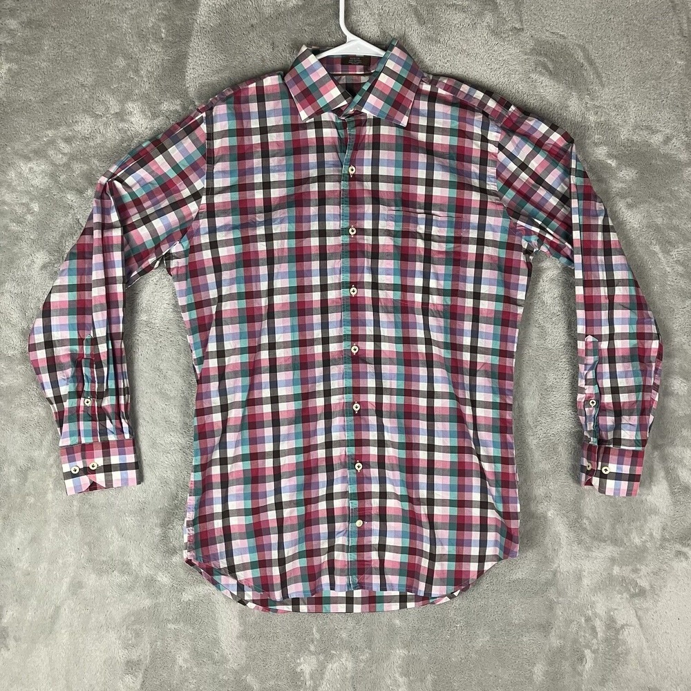 Peter Millar Shirt Men Medium Pink Multicolor Plaid Long Sleeve Button Up Preppy